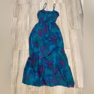 Express Teal and Blue Tropical Botanical Maxi Dress with Ruffle, size small